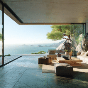 Modern living room with ocean view and natural rock setting