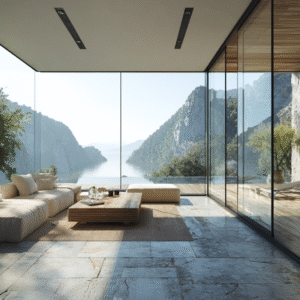 Modern minimalist living room with panoramic lake and mountain views