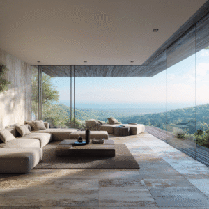 Contemporary home with glass walls and scenic forest view.