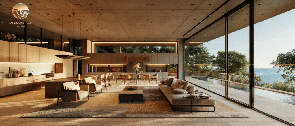 Warm-toned open living and kitchen space with ocean view