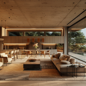 Warm-toned open living and kitchen space with ocean view