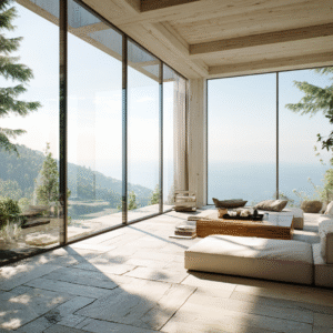 Luxury forest view living room with full glass walls