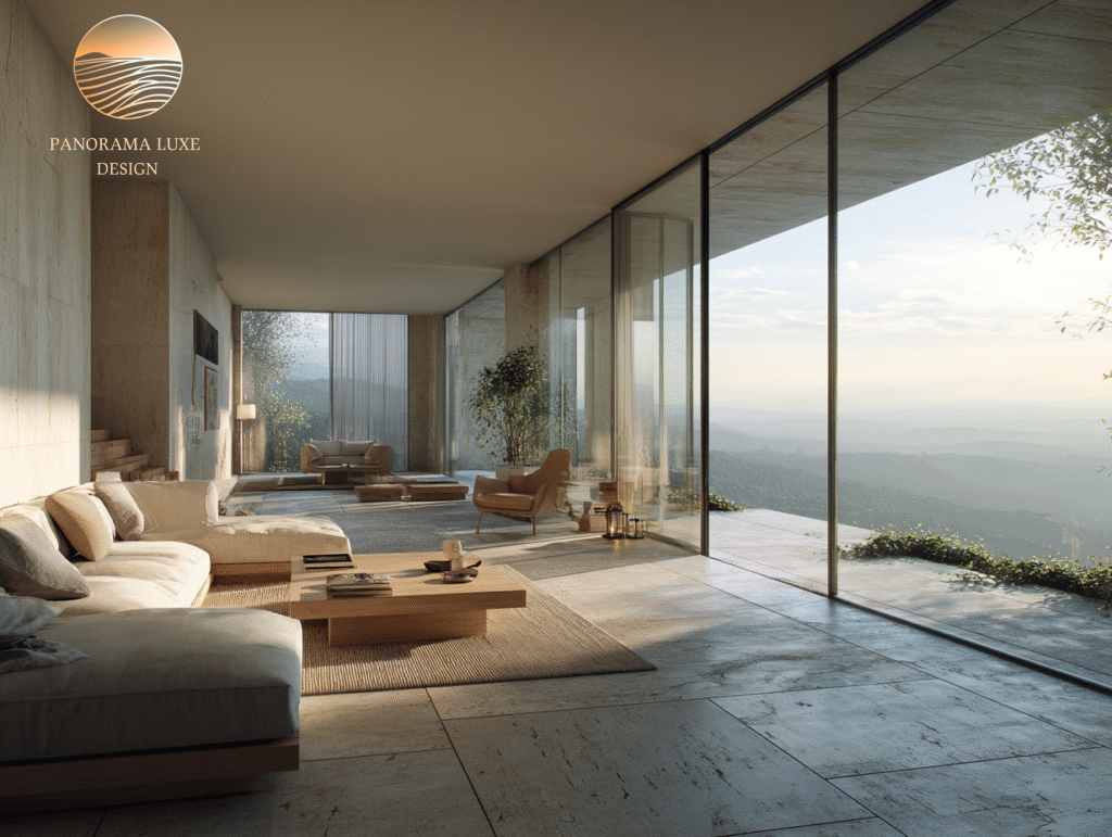 Minimal modern living room with glass walls and mountain view