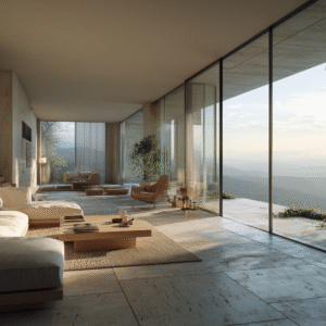 Minimal modern living room with glass walls and mountain view