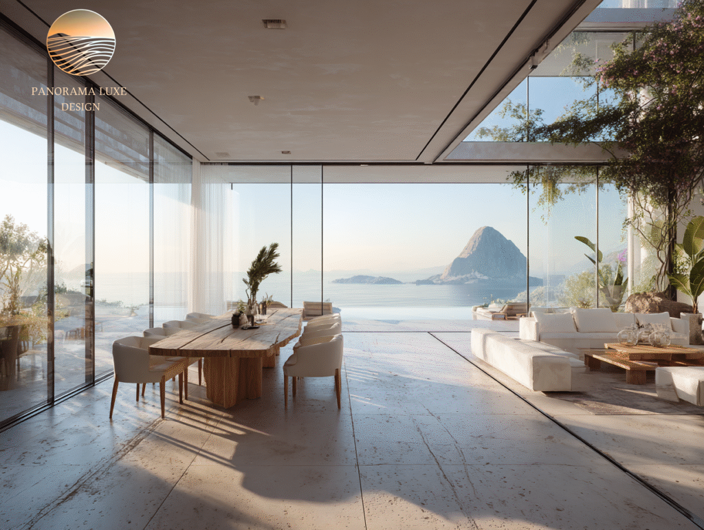 Ocean-view modern home interior with natural wood dining table