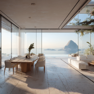 Ocean-view modern home interior with natural wood dining table