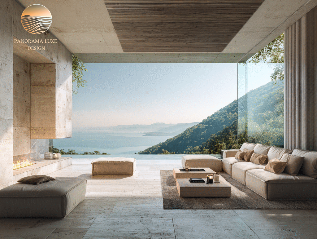 Modern terrace living room overlooking sea with glass walls