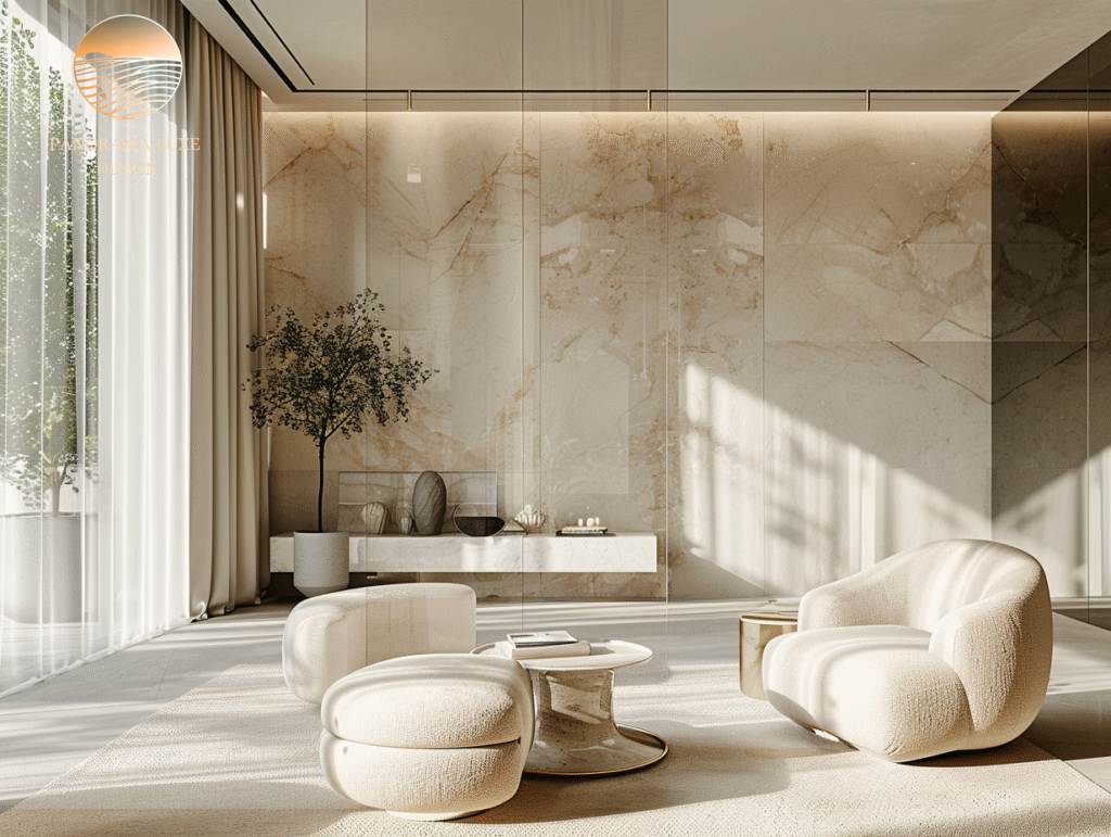 Modern minimalist lounge with beige tones and marble accents
