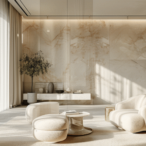 Modern minimalist lounge with beige tones and marble accents