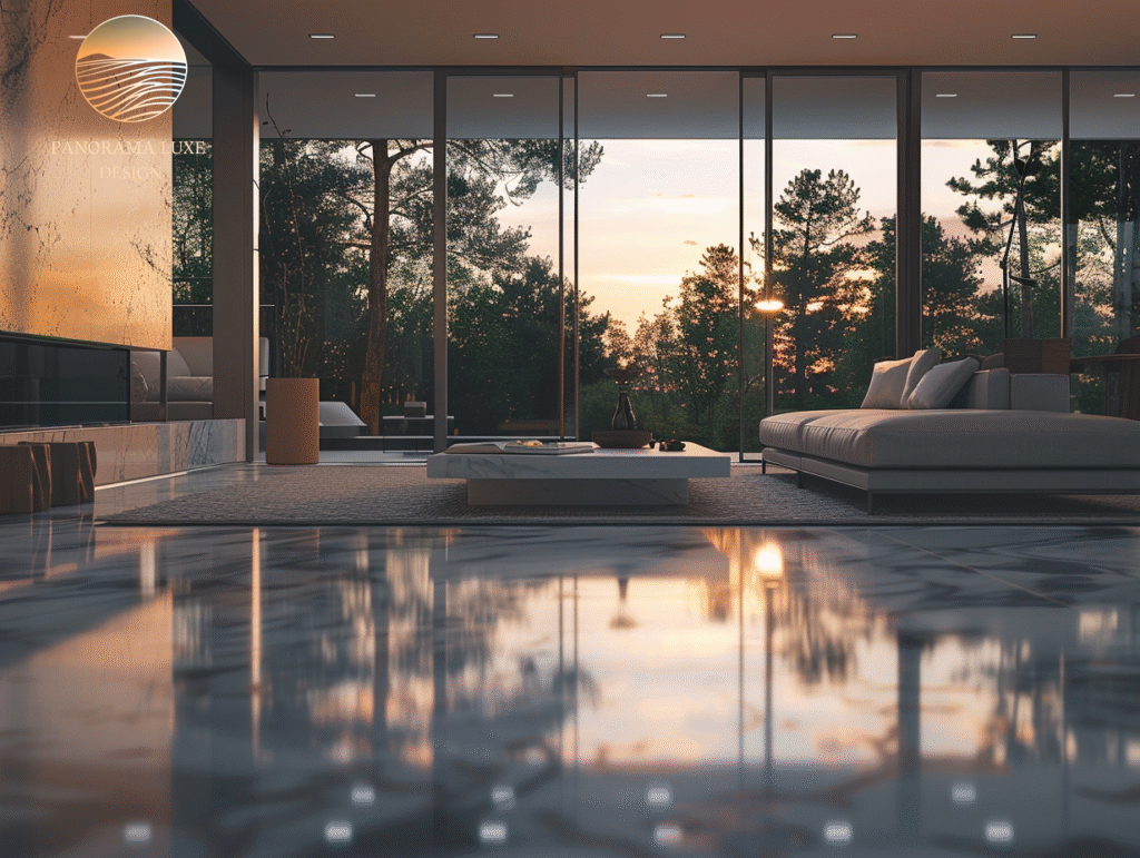 Minimalist modern interior with marble flooring and sunset view