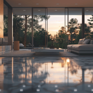 Minimalist modern interior with marble flooring and sunset view