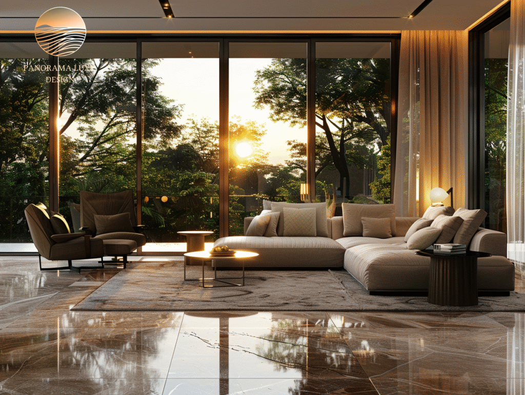 Cozy modern living room with floor-to-ceiling glass and sunset glow