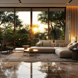 Cozy modern living room with floor-to-ceiling glass and sunset glow