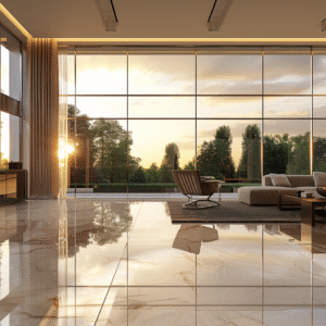 Modern living room with sunset view through large glass windows