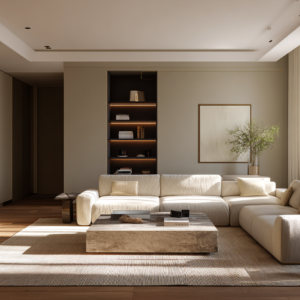 Sunlit modern luxury living room with a warm neutral palette, large beige sectional, light wood floors, and minimal built-ins.