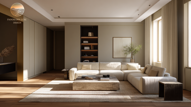 Sunlit modern luxury living room with a warm neutral palette, large beige sectional, light wood floors, and minimal built-ins.