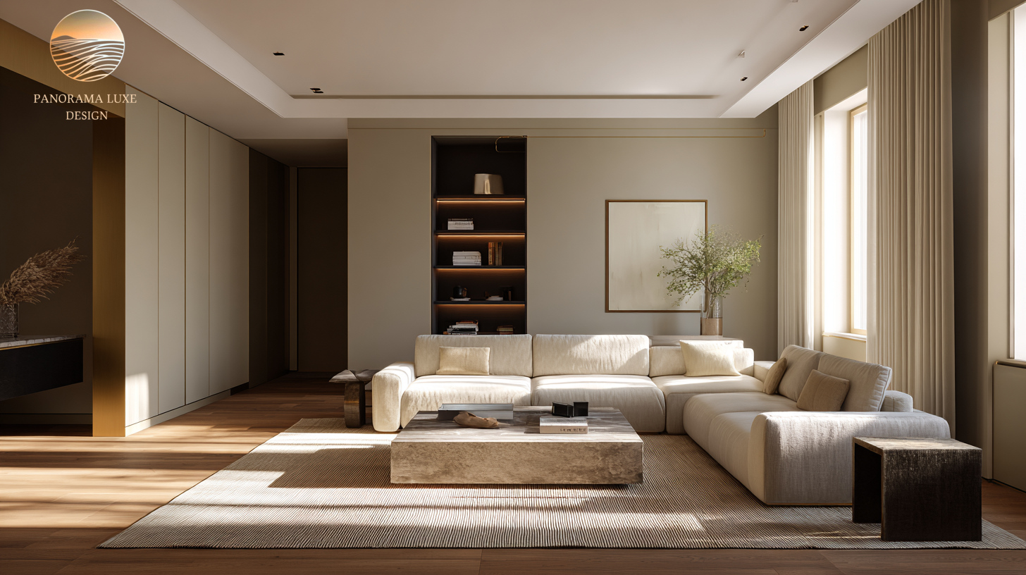 Sunlit modern luxury living room with a warm neutral palette, large beige sectional, light wood floors, and minimal built-ins.