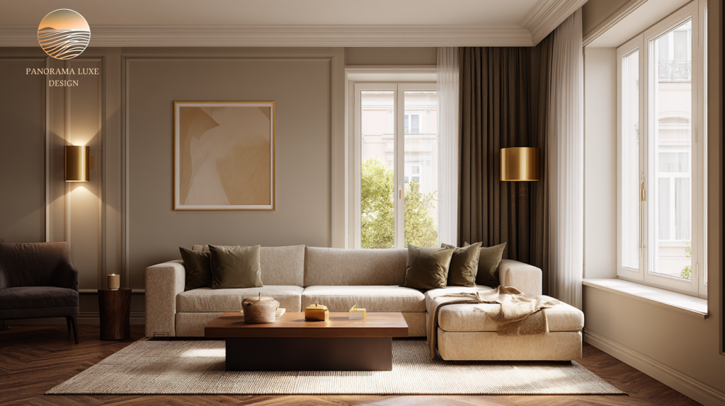 Bright living room with warm greige walls, large windows, neutral sectional sofa, brass floor lamp, and textured rug.
