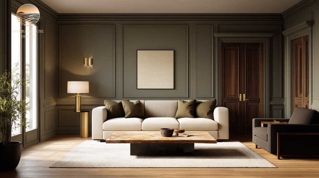Moody luxury living room with deep greige paneled walls, cream sofa, olive pillows, brass lamp, and dark wood double doors.