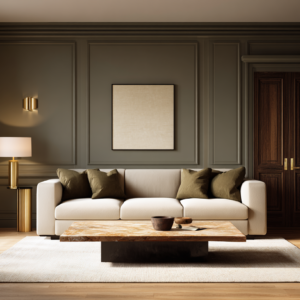 Moody luxury living room with deep greige paneled walls, cream sofa, olive pillows, brass lamp, and dark wood double doors.