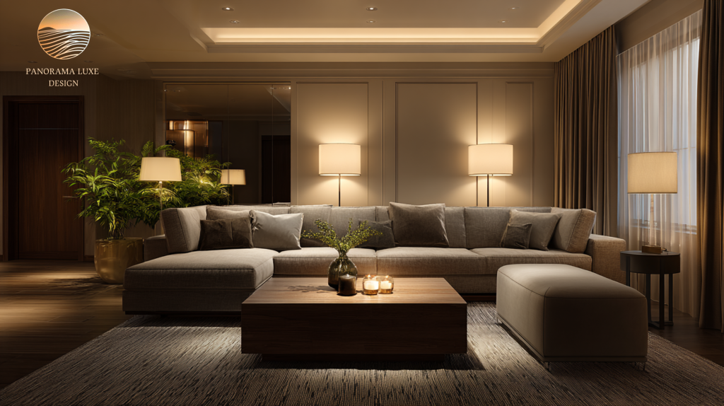 Cozy evening living room with grey sectional, warm layered lighting, candles on wood coffee table, and neutral panel walls.
