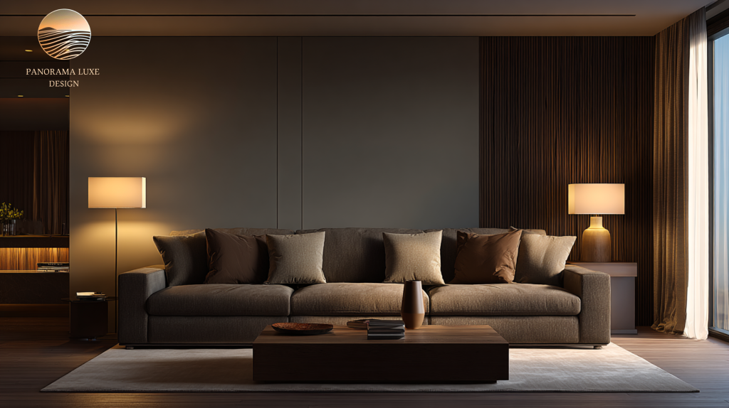 Modern living room with charcoal sofa, warm lamps, slatted wood accent wall, neutral rug, and floor-to-ceiling curtains.