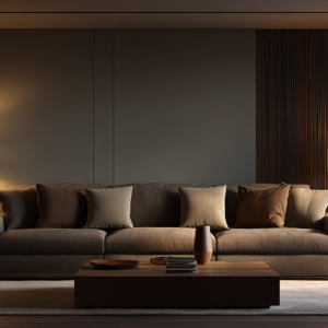 Modern living room with charcoal sofa, warm lamps, slatted wood accent wall, neutral rug, and floor-to-ceiling curtains.