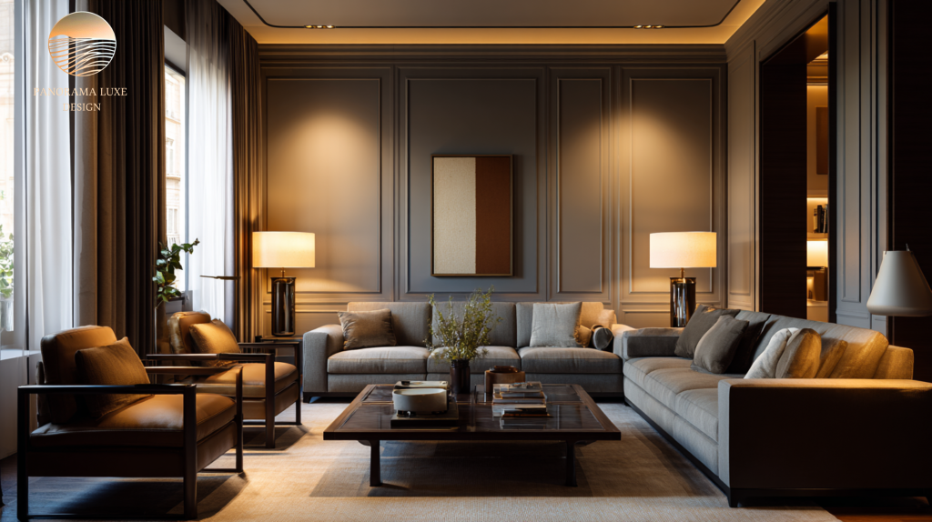 Spacious luxury living room with warm greige paneled walls, multiple sofas, leather chairs, and a large coffee table with decor.