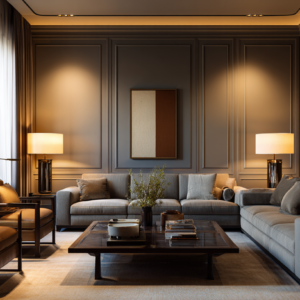 Spacious luxury living room with warm greige paneled walls, multiple sofas, leather chairs, and a large coffee table with decor.