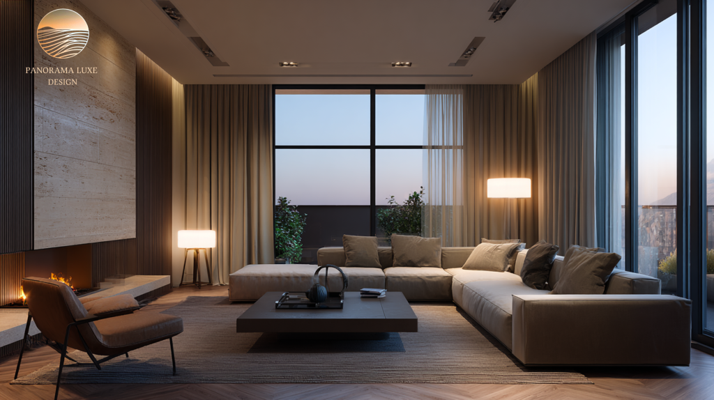 Contemporary living room with fireplace, stone feature wall, large windows, beige sectional sofa, and minimalist coffee table.