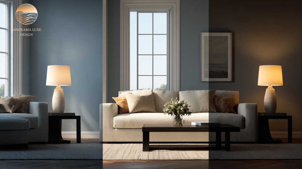Living room shown in three vertical panels comparing cool, neutral, and warm lighting on the same sofa and wall color.