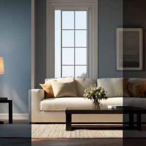 Living room shown in three vertical panels comparing cool, neutral, and warm lighting on the same sofa and wall color.