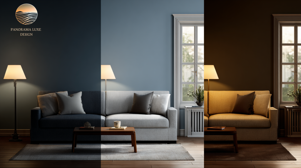 Three-panel comparison showing cool, neutral, and warm rooms where wall color and sofa fabric shift from navy/grey to golden tones.