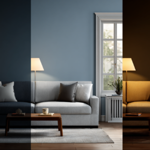 Three-panel comparison showing cool, neutral, and warm rooms where wall color and sofa fabric shift from navy/grey to golden tones.