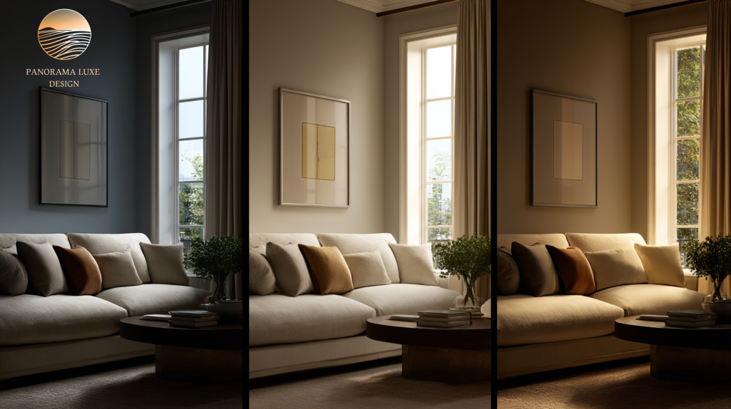 Three-panel living room showing how a neutral luxury palette shifts from cool daylight to warm evening light.