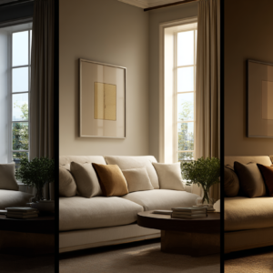 Three-panel living room showing how a neutral luxury palette shifts from cool daylight to warm evening light.