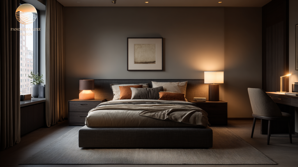 Modern luxury bedroom with charcoal walls, warm lighting, and layered neutral bedding with subtle terracotta accents.
