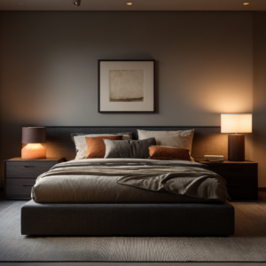 Modern luxury bedroom with charcoal walls, warm lighting, and layered neutral bedding with subtle terracotta accents.
