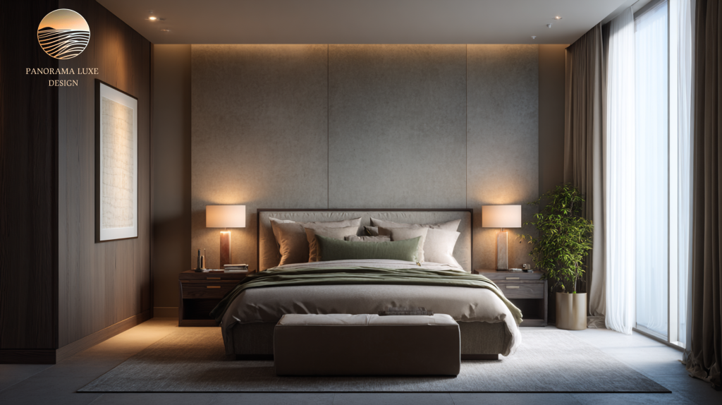 Luxury bedroom with warm neutrals, soft gray headboard, and muted green accent bedding in natural daylight.