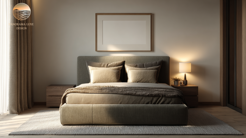 Minimal luxury bedroom with warm beige walls, textured bedding, and soft lamp lighting in a restrained neutral palette.