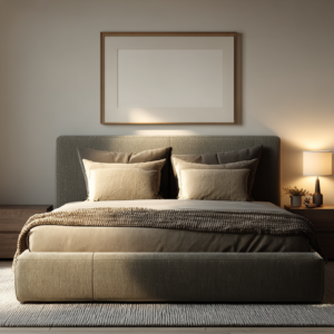 Minimal luxury bedroom with warm beige walls, textured bedding, and soft lamp lighting in a restrained neutral palette.