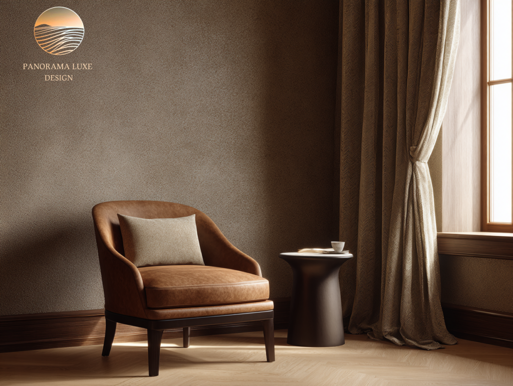 Leather lounge chair beside a sculptural side table and draped curtains in warm neutral tones near a window.