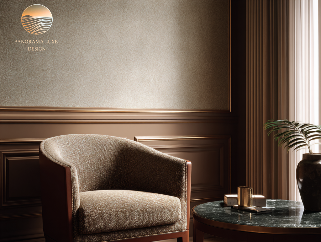 Bouclé accent chair next to a green marble table with warm metal details and layered drapery in soft neutrals.