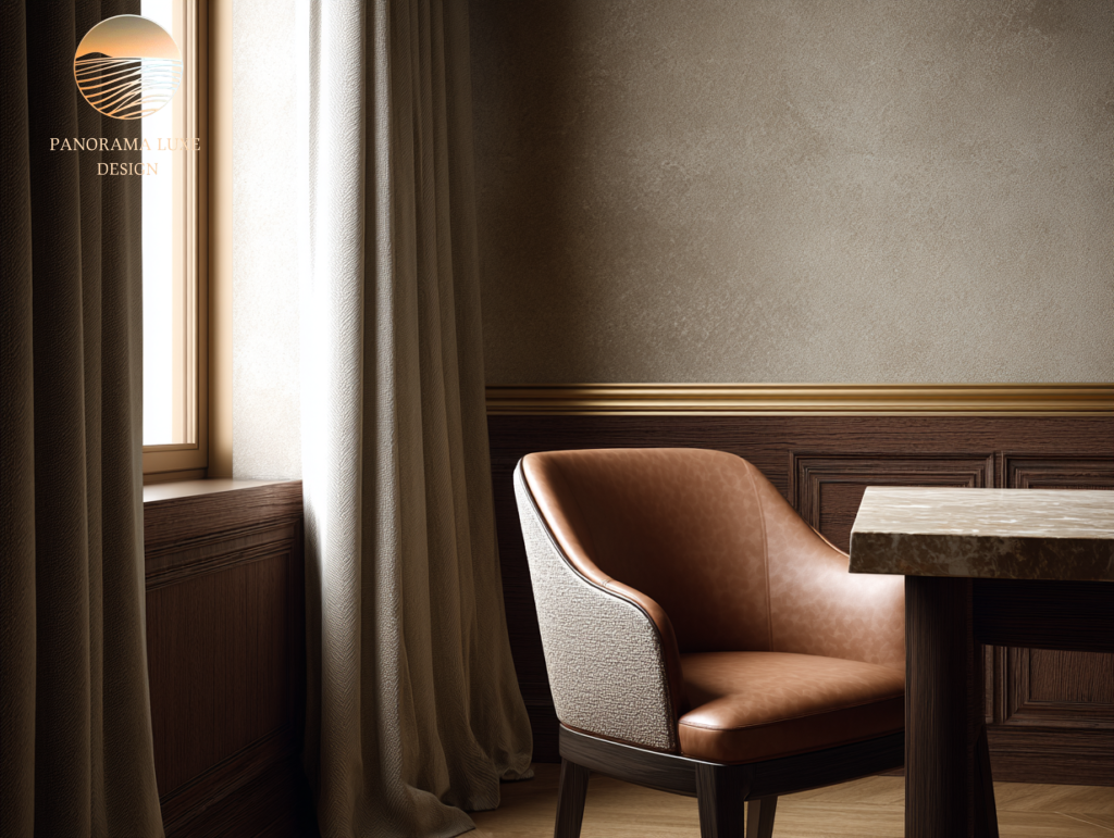 Upholstered chair near a window beside a stone tabletop, showing warm neutral walls and refined trim details.