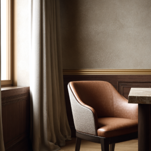 Upholstered chair near a window beside a stone tabletop, showing warm neutral walls and refined trim details.