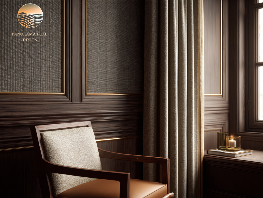 Accent chair near wood-paneled wall and drapery with candlelight and books, styled in warm neutrals.
