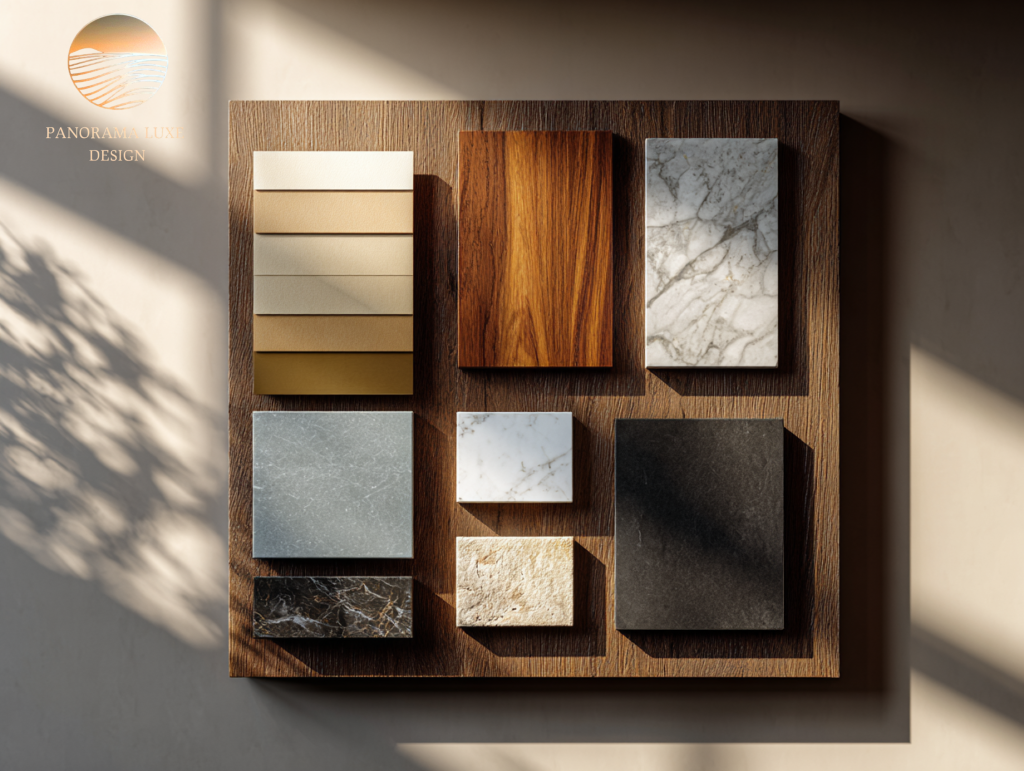 Material board with neutral paint swatches, wood samples, and stone slabs arranged to plan a cohesive luxury palette.