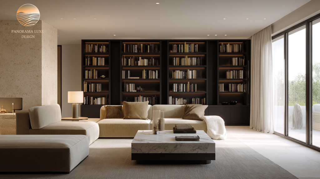Neutral luxury living room with light seating and a dark built-in library wall creating strong value contrast.