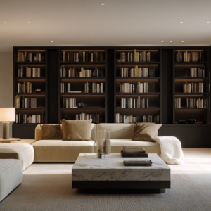 Neutral luxury living room with light seating and a dark built-in library wall creating strong value contrast.