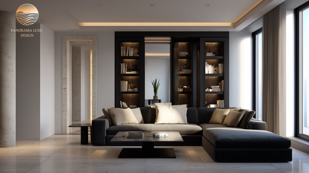 Light oak, dark wood, gray marble with brass handle, plus off-white, black, and brass cubes arranged on an oak surface with sunlight.
